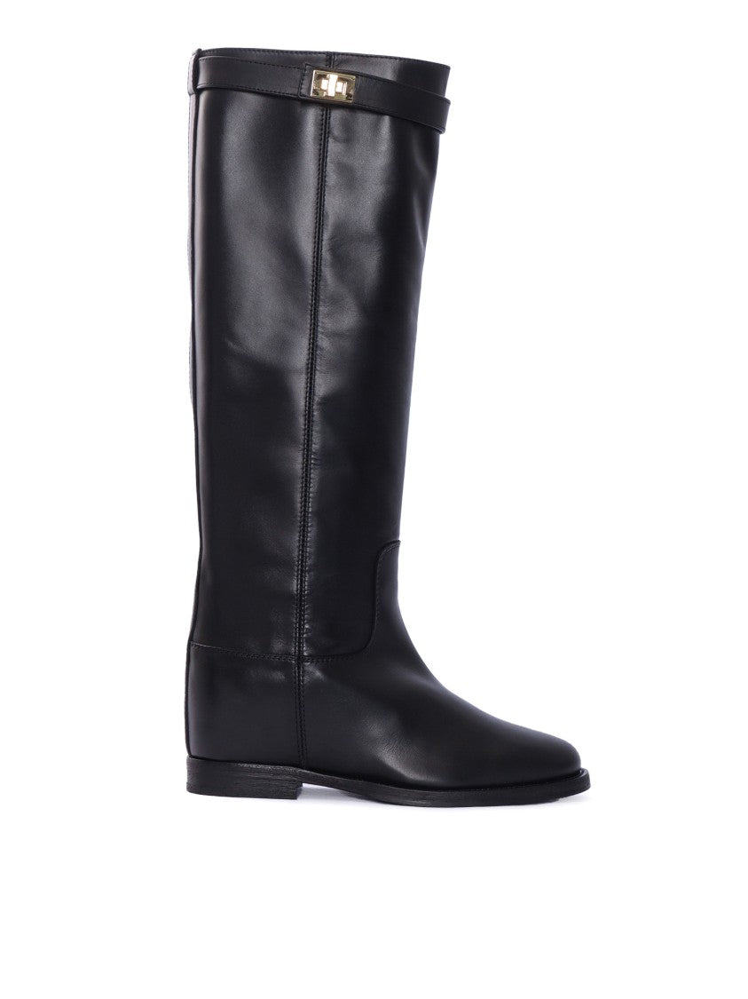 Via Roma 15 Tall Leather Boots With Metallic Lock Detail