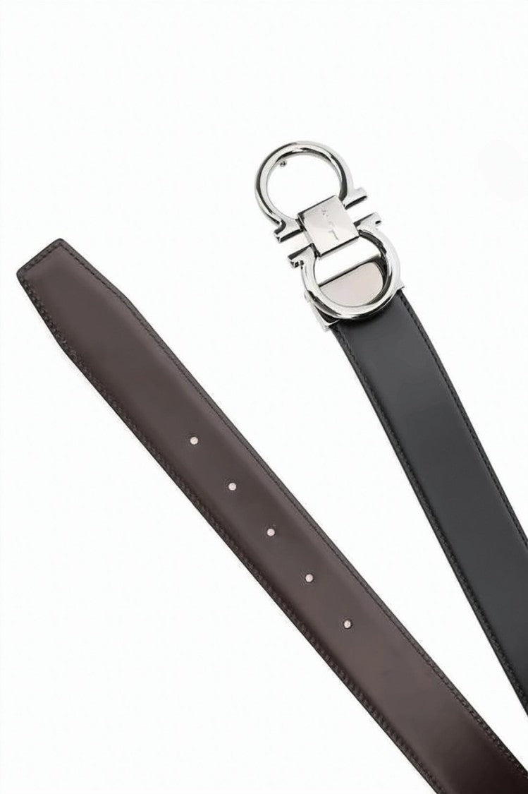 Salvatore Ferragamo Cowhide Leather Belt With Silver-Tone Double Gancini Buckle