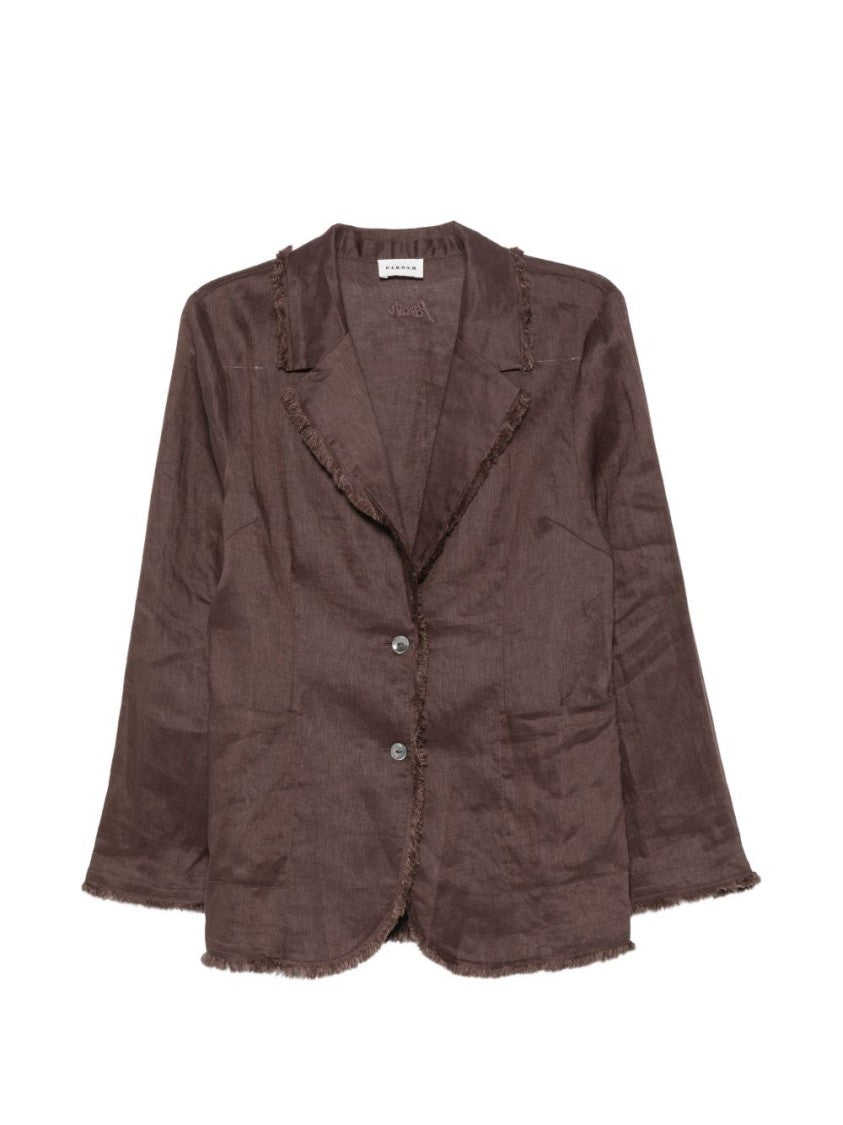 Parosh Brown Textured Linen Notched Collar Relaxed-Fit Blazer