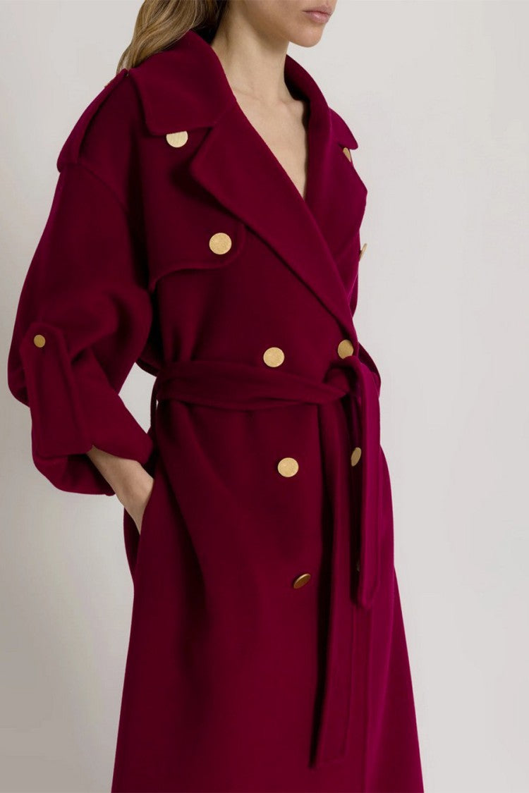 Alberta Ferretti Burgundy Double-Breasted Gold Button Wool-Blend Coat