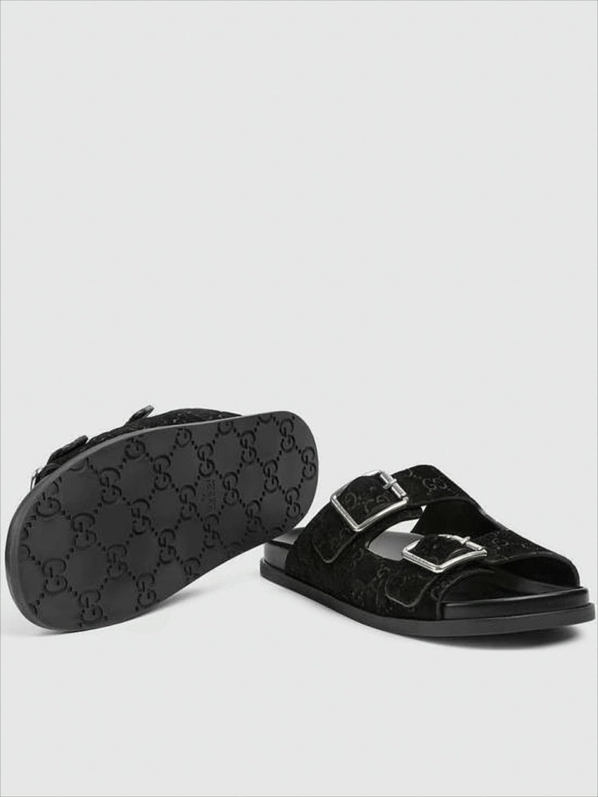 Gucci Monogram-Patterned Black Suede Sandals