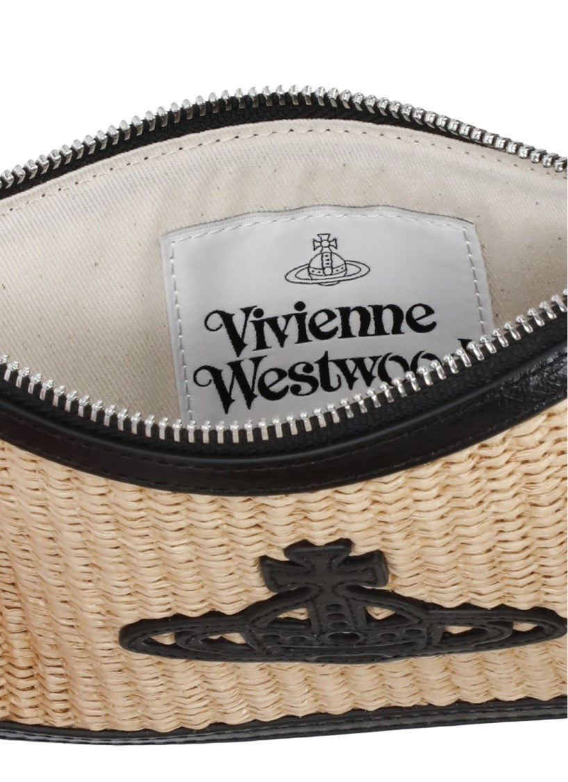 Vivienne Westwood Rectangular Raffia Pochette With Black Orb Logo