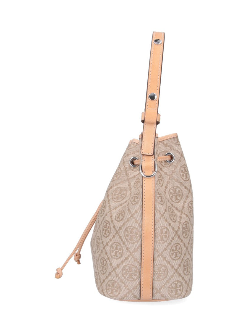Tory Burch Medium Bucket Bag With Beige Monogram Pattern