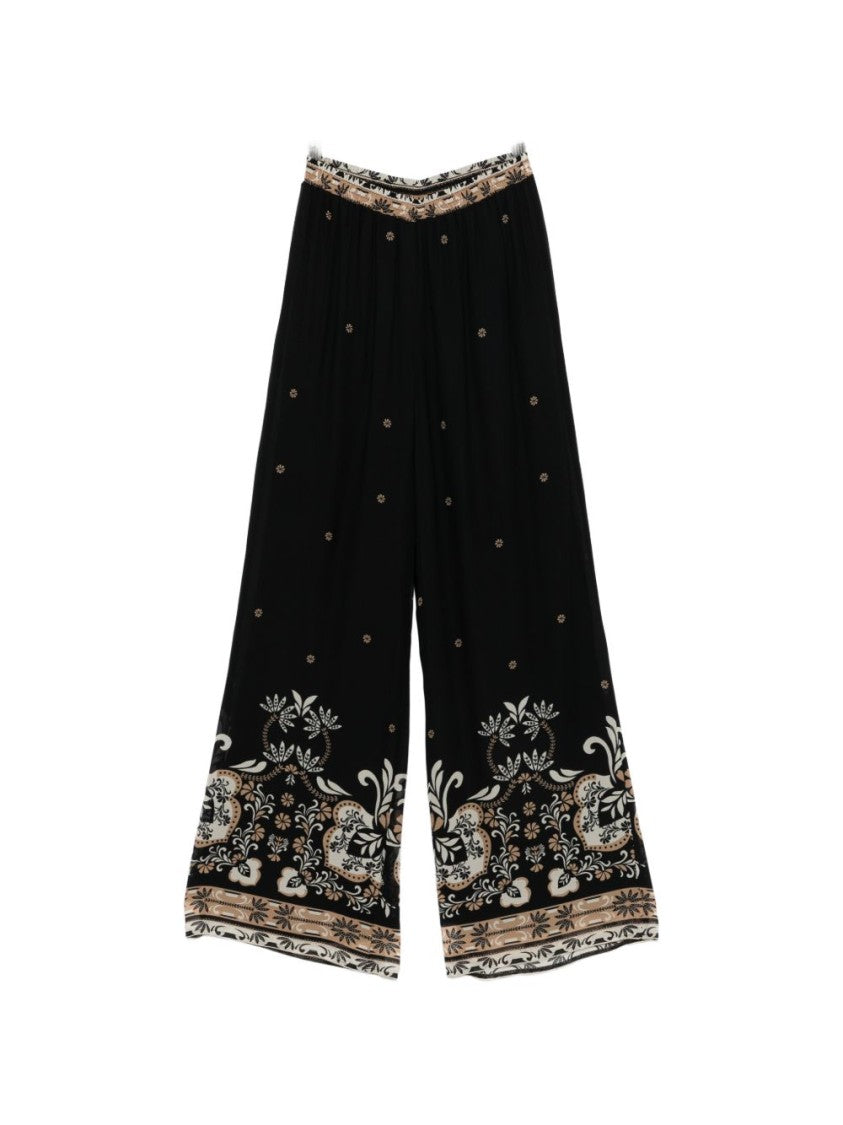 Twinset U&B Black Floral Print Wide-Leg Pants