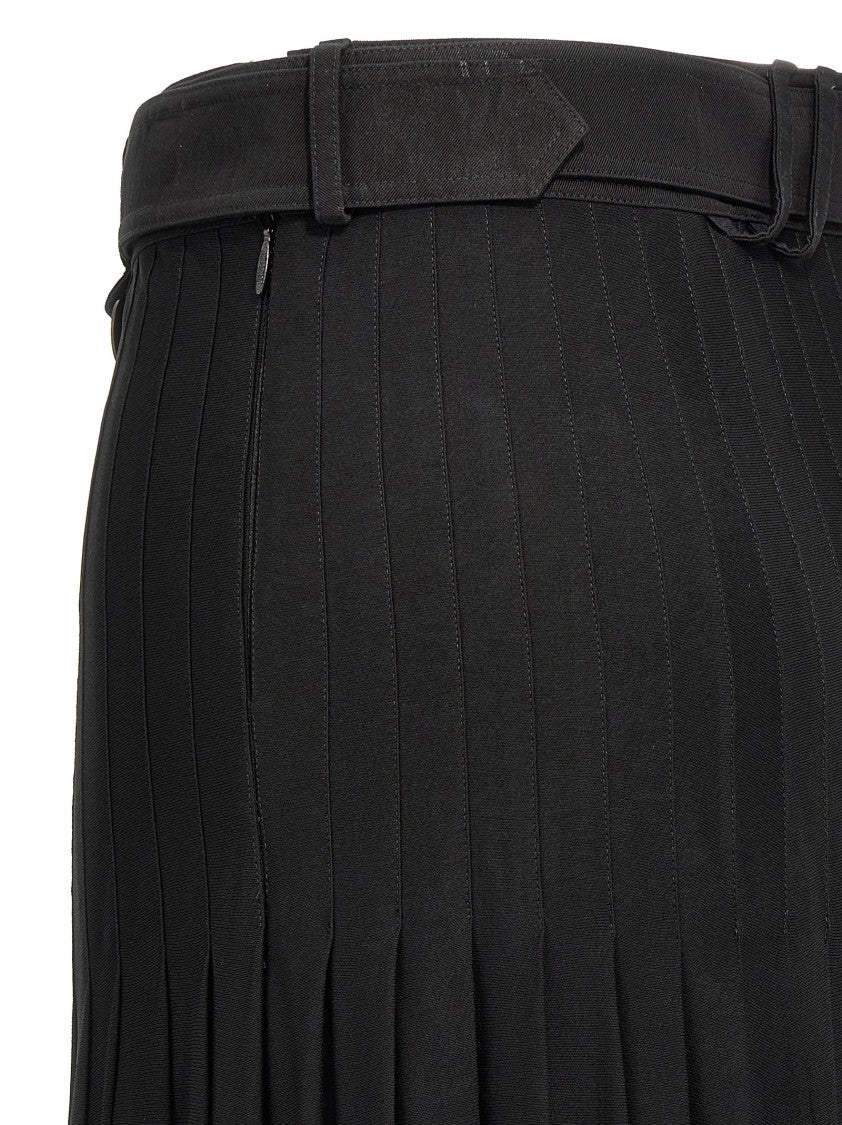 Burberry Long Pleated Skirt With Belted Waist And Logo Detail