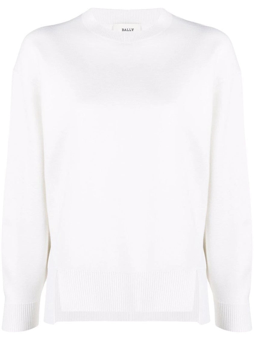 Bally Minimalist White Wool Sweater With Relaxed Fit And Ribbed Accents