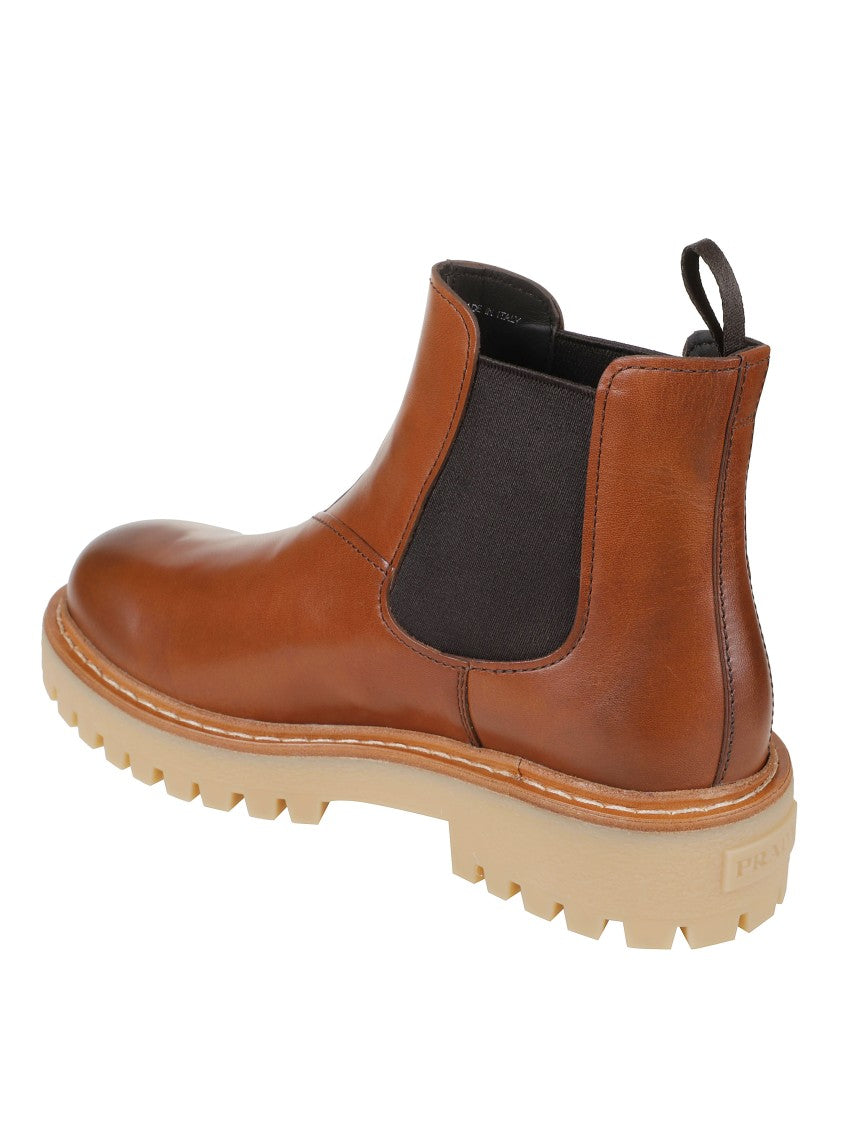 Prada Brown Leather Boots With Elastic Side Panels And Durable Sole