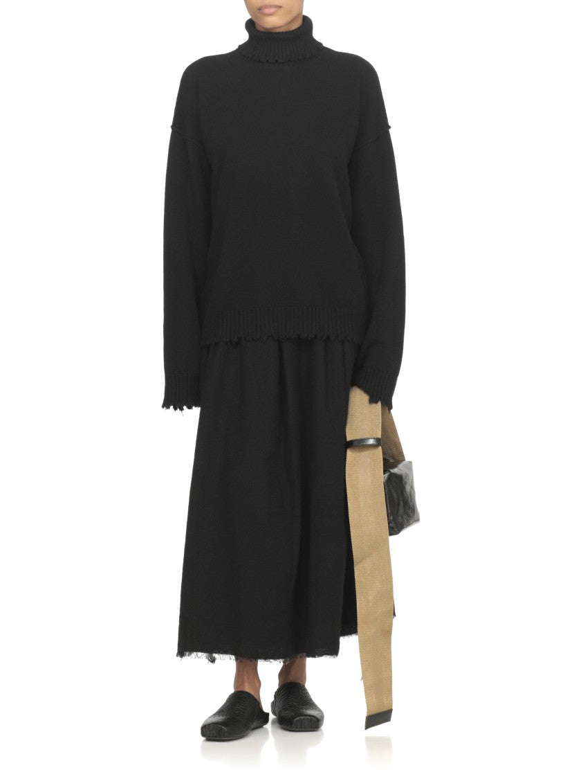 Uma Wang High Neck Black Cashmere Sweater With Ribbed Trims