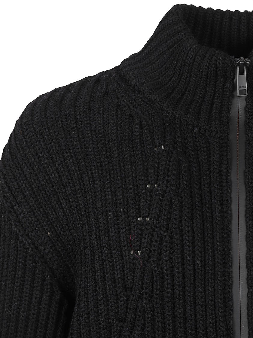 Zegna High Collar Zip Closure Black Sweater