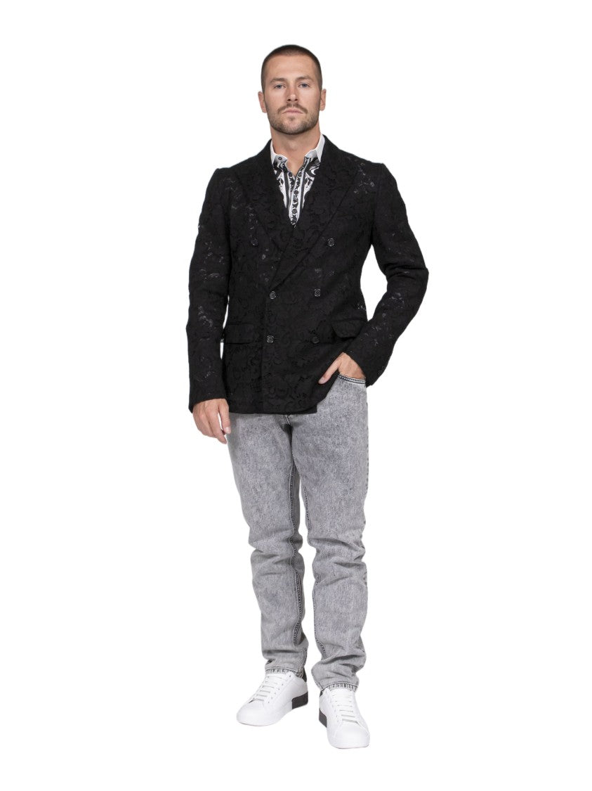 Dolce & Gabbana Black Lace Overlay Double-Breasted Tailored Jacket