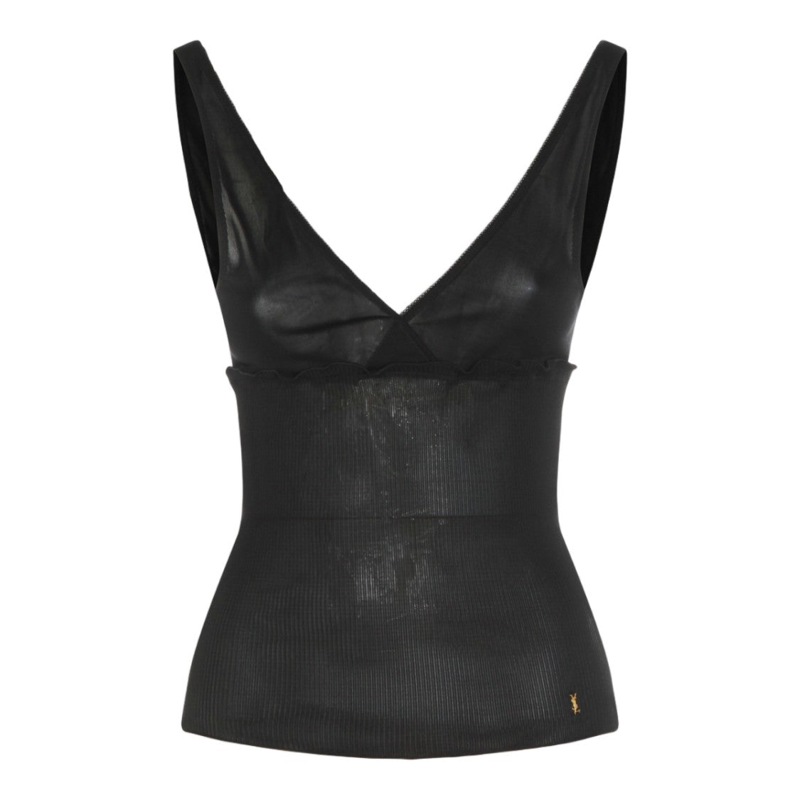 Saint Laurent Sheer Ribbed Tank Top With Deep V-Neckline And Metallic Logo