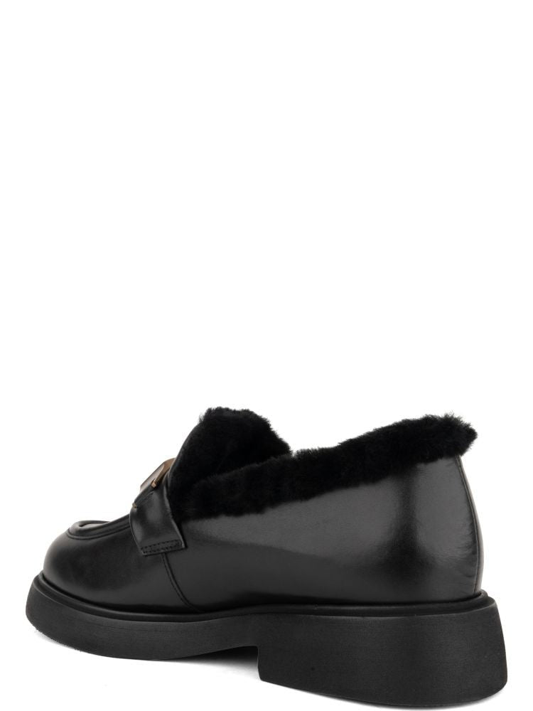 Adrianna Feretti Black Rounded Toe Chunky Sole Metallic Buckle Leather Loafers