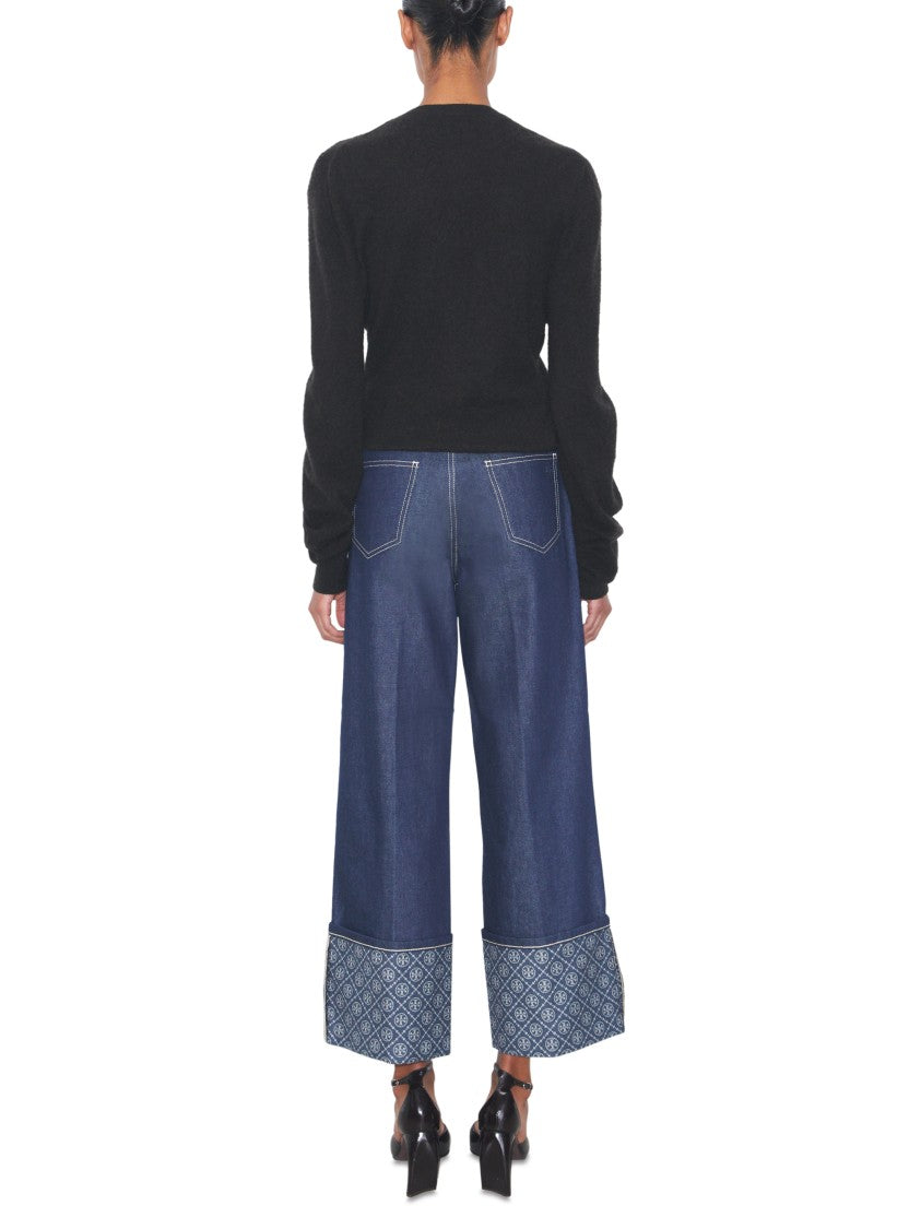 Tory Burch Contrast Cuff Straight Leg Jeans With Mid-Rise Waist