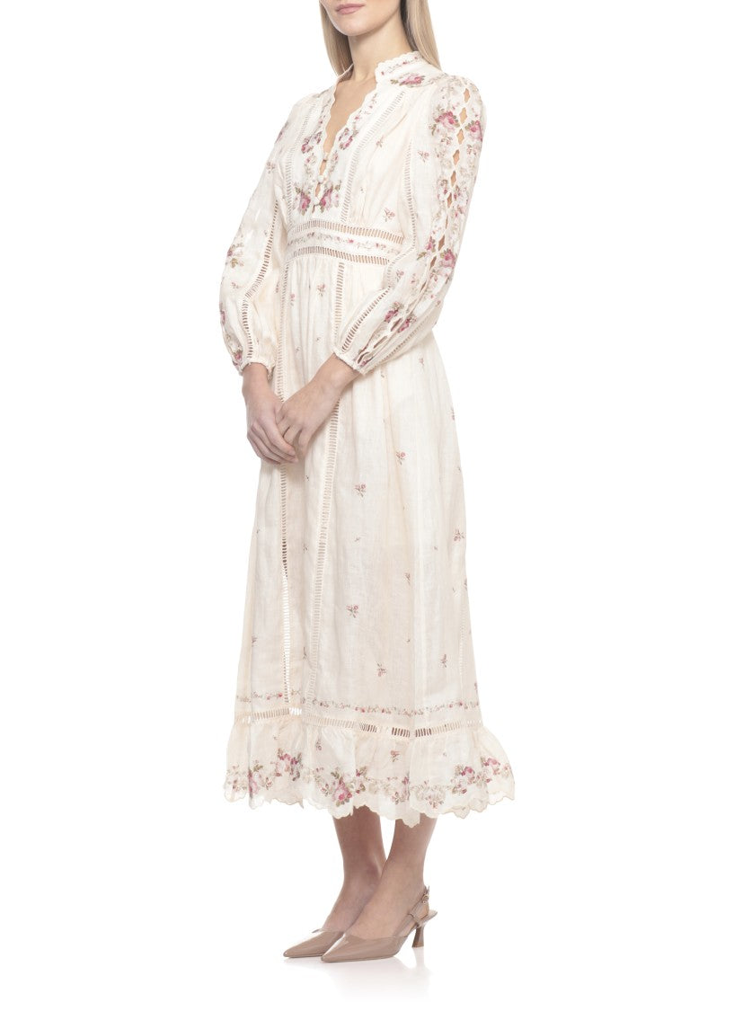 Zimmermann Pink Patience Lace Floral Linen Midi Dress