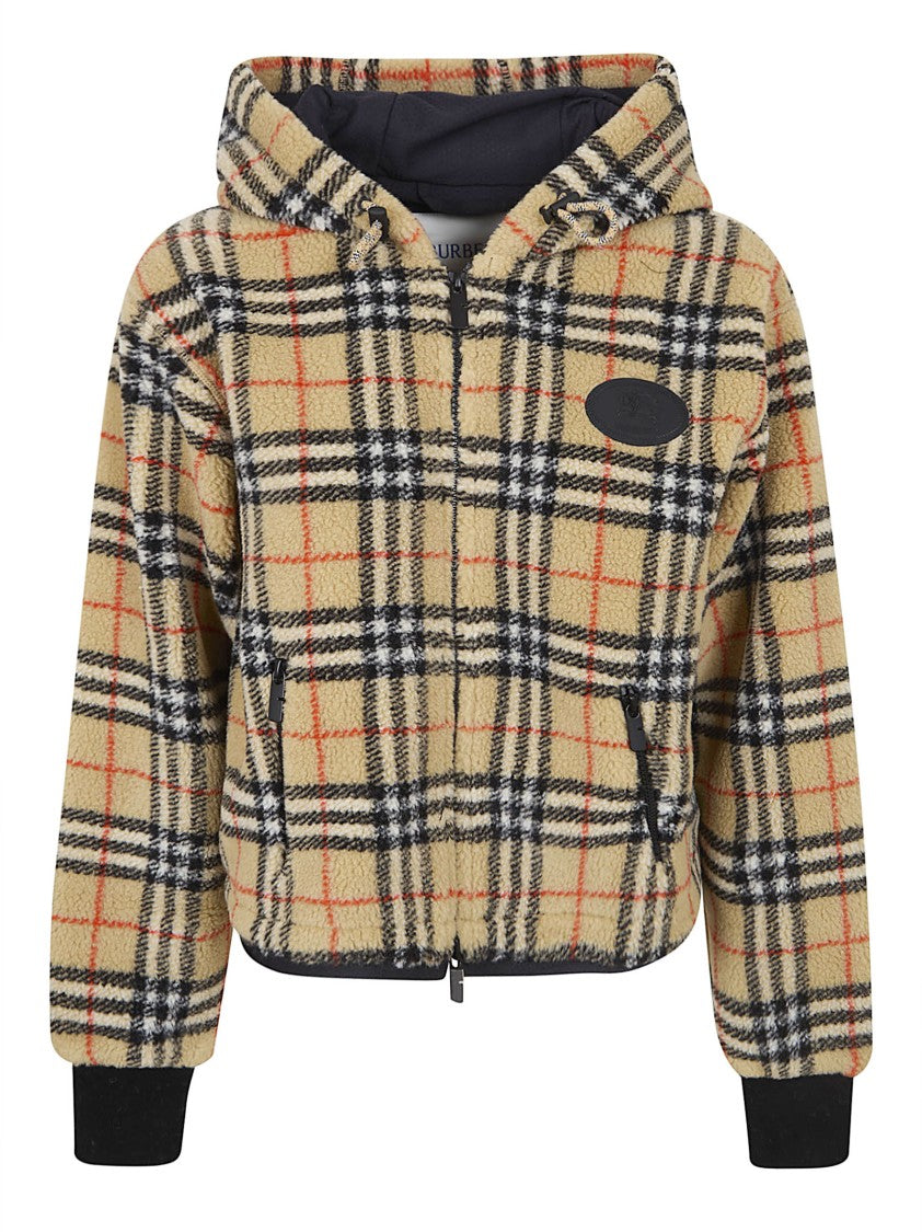 Burberry Cropped Fleece Jacket With Drawstring Hood And Check Pattern