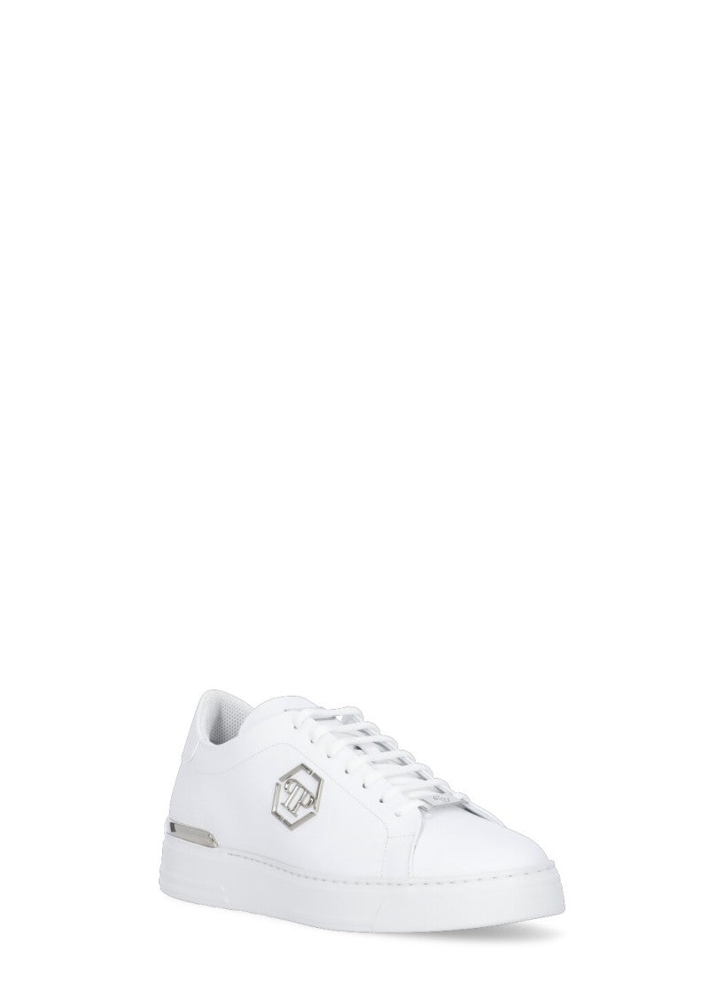 Philipp Plein White Hexagon Leather Metal Detail Sneakers