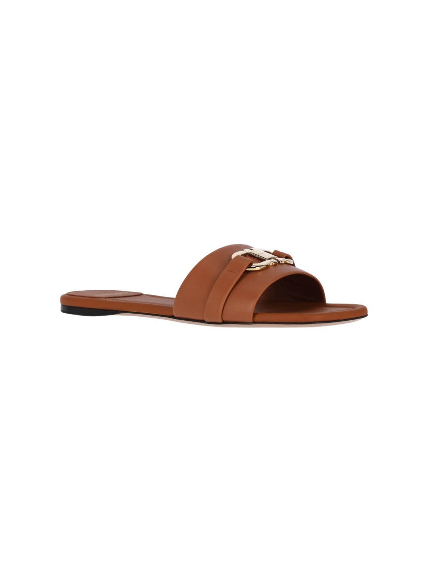 Ferragamo Brown Calf Leather Slip-On Gancini Sandals