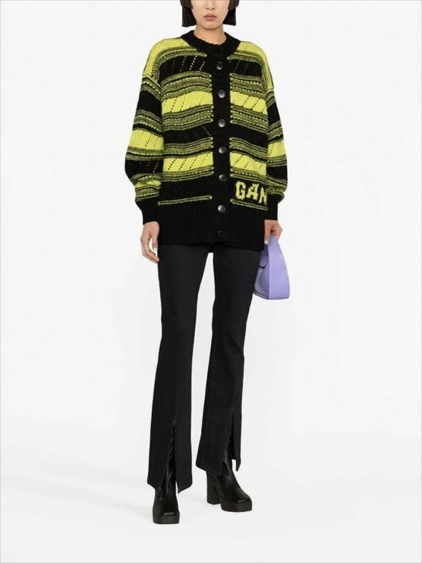 Ganni Chunky Knit Cardigan With Button-Down Front And Contrasting Stripes