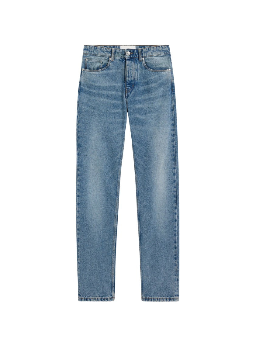 Ami Straight-Leg Denim Jeans With Faded Blue Wash And Leather Accent