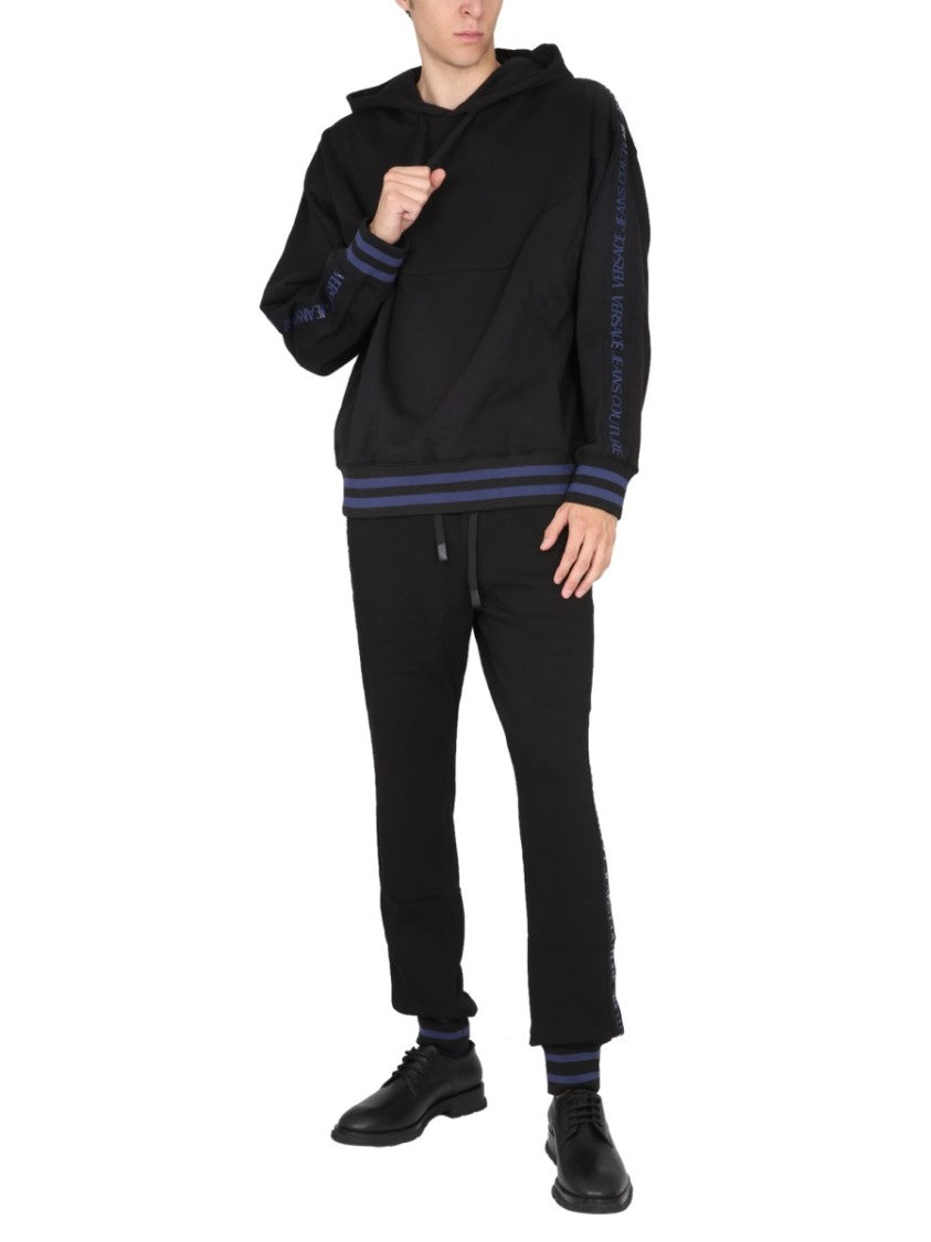 Versace Jeans Couture Solid Black Hoodie With Drawstring