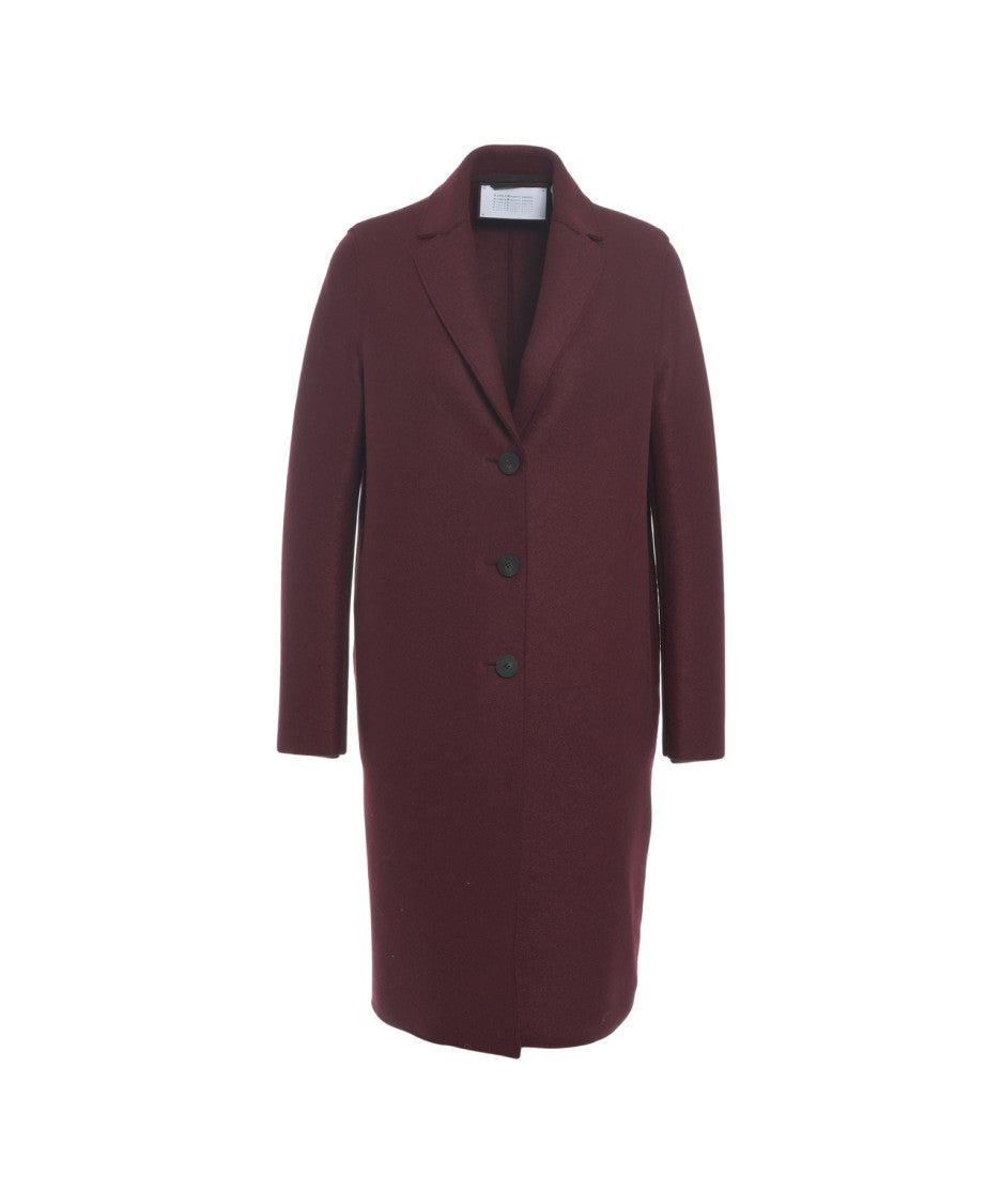 Harris Wharf London Burgundy Virgin Wool Long Coat With Classic Collar And Flap Pockets
