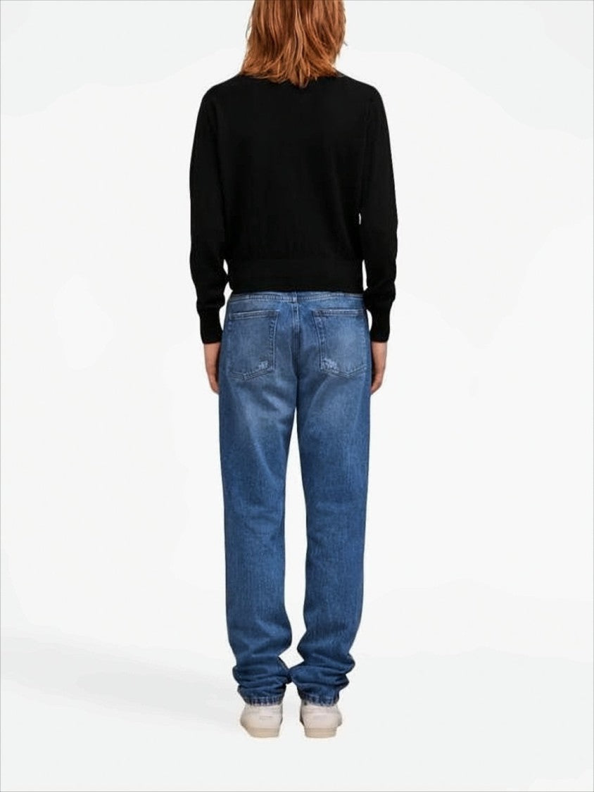 Ami Fitted Black Merino Wool Sweater With Heart Logo