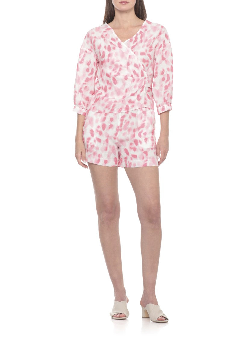 120% Lino White Pink Pattern Linen Shorts