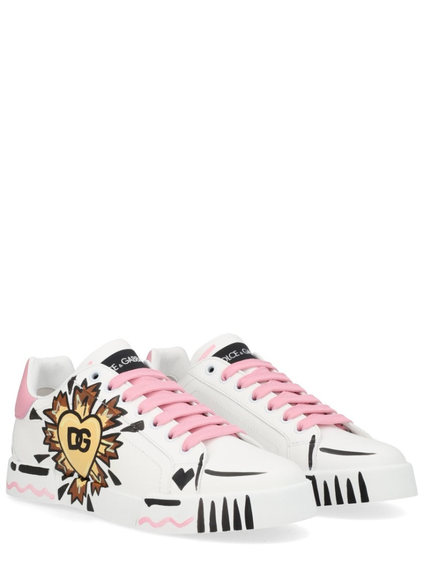 Dolce & Gabbana White Portofino Initials Heart Leather Sneakers