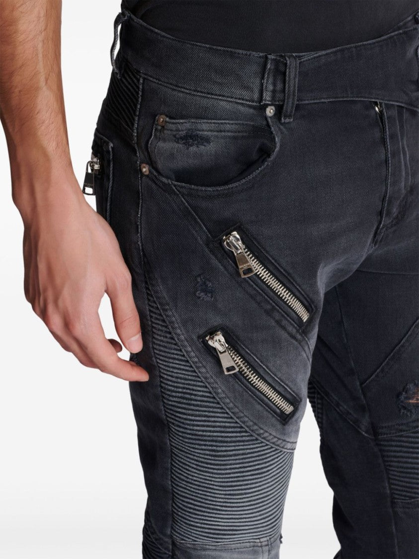 Balmain Anthracite Grey Stretch-Cotton Distressed Panelled Trousers