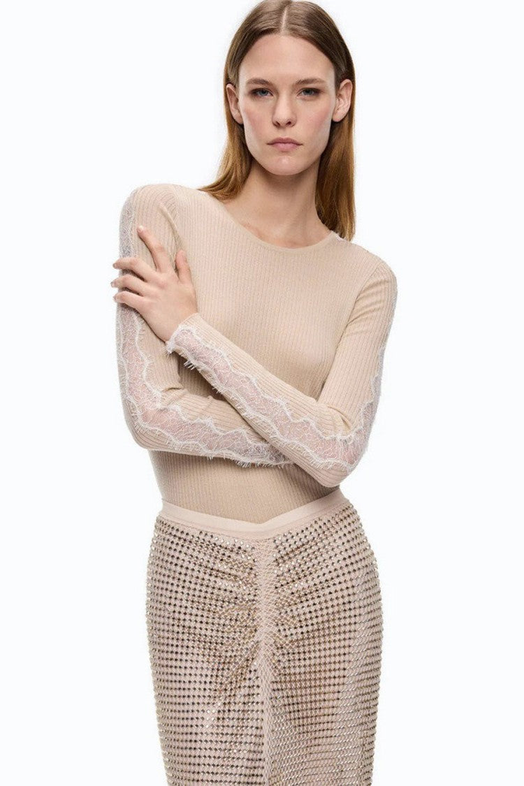 Pinko Beige Wool-Cashmere Blend Ribbed Crew-Neck Sweater