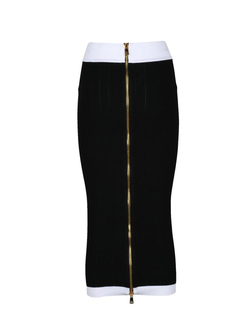 Balmain Fitted Black Midi Skirt With Gold Hardware And Contrasting Trim