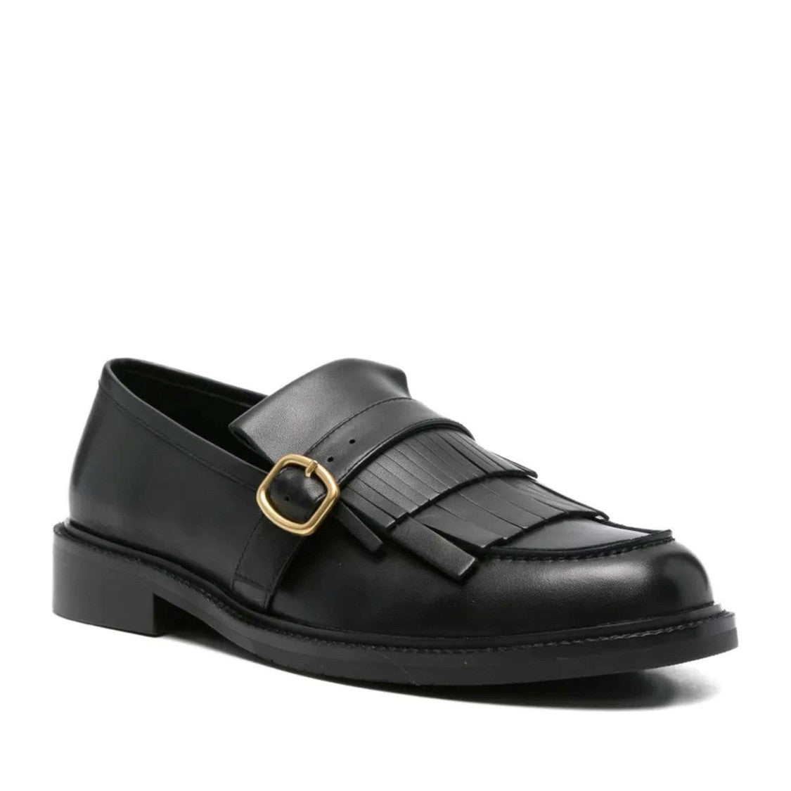 Adrianna Feretti Black Fringe Gold Buckle Leather Loafers