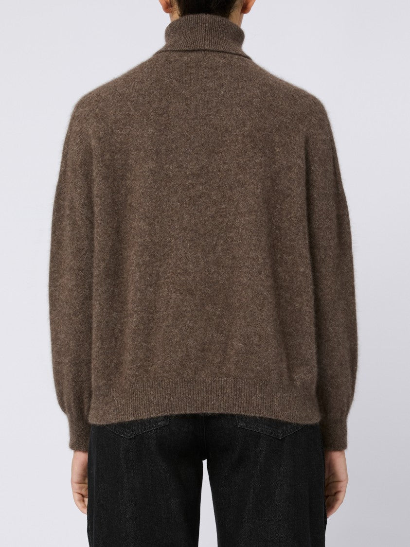 Vanisé High Turtleneck Brown Sweater With Puff Sleeves And Ribbed Hem