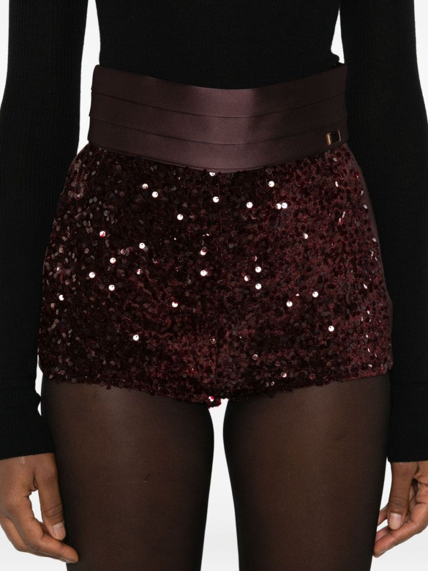 Elisabetta Franchi High-Waisted Sequined Bordeaux Bermudas