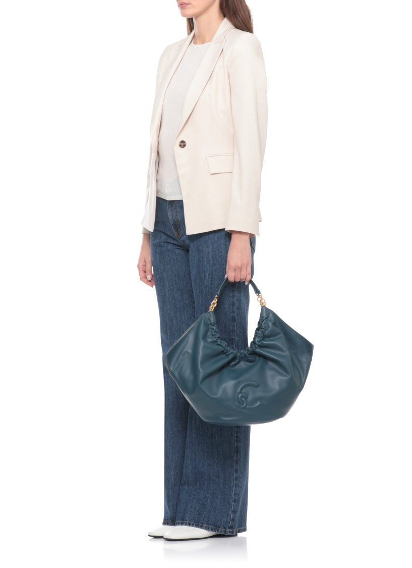 Coccinelle Medium Shoulder Bag In Smooth Blue Leather With Gathered Design