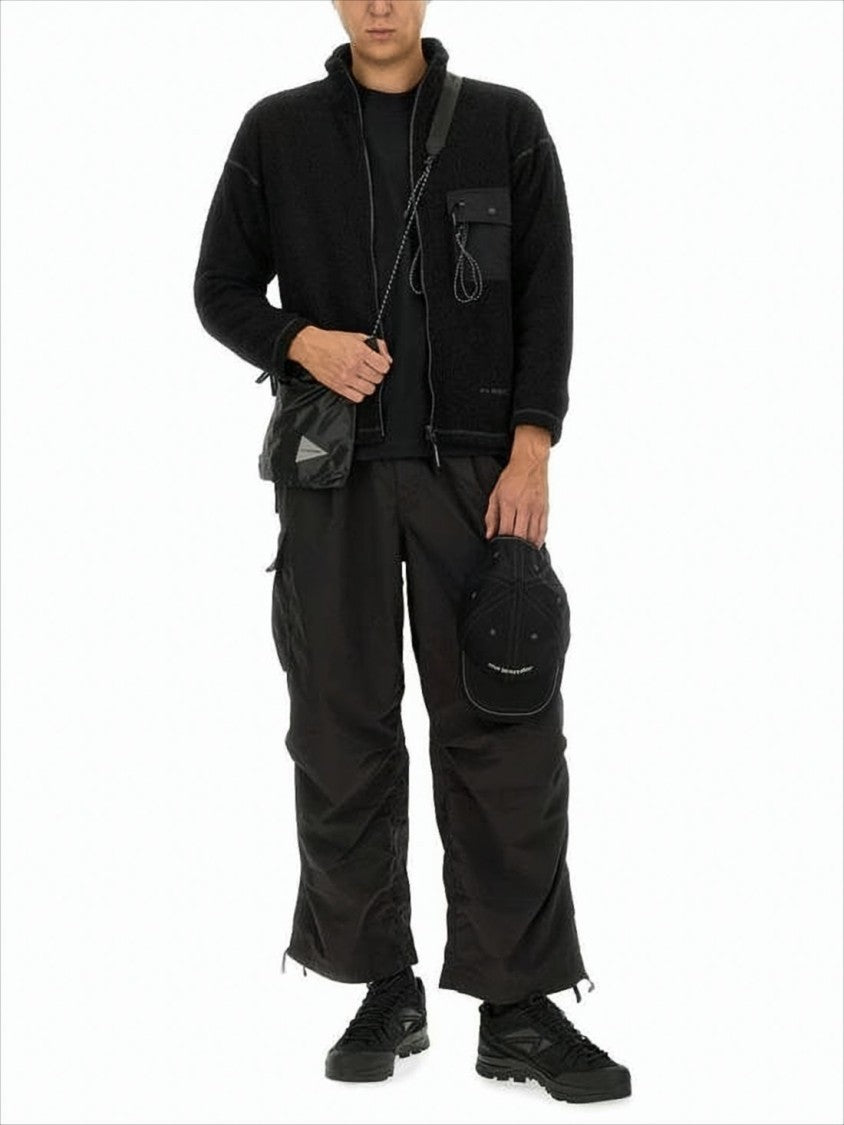 And Wander Textured Plush Black Casual Jacket With Stand Collar