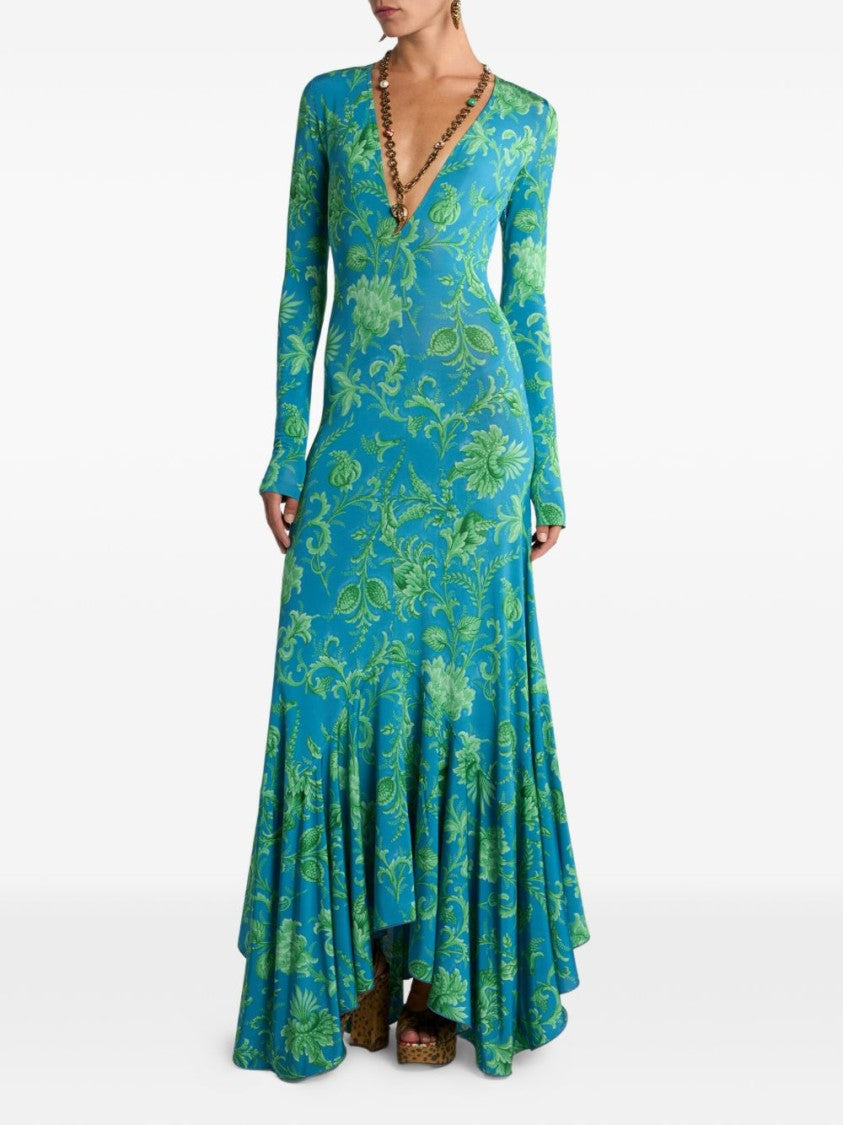 Etro Floral Print Maxi Dress With Asymmetrical Hem