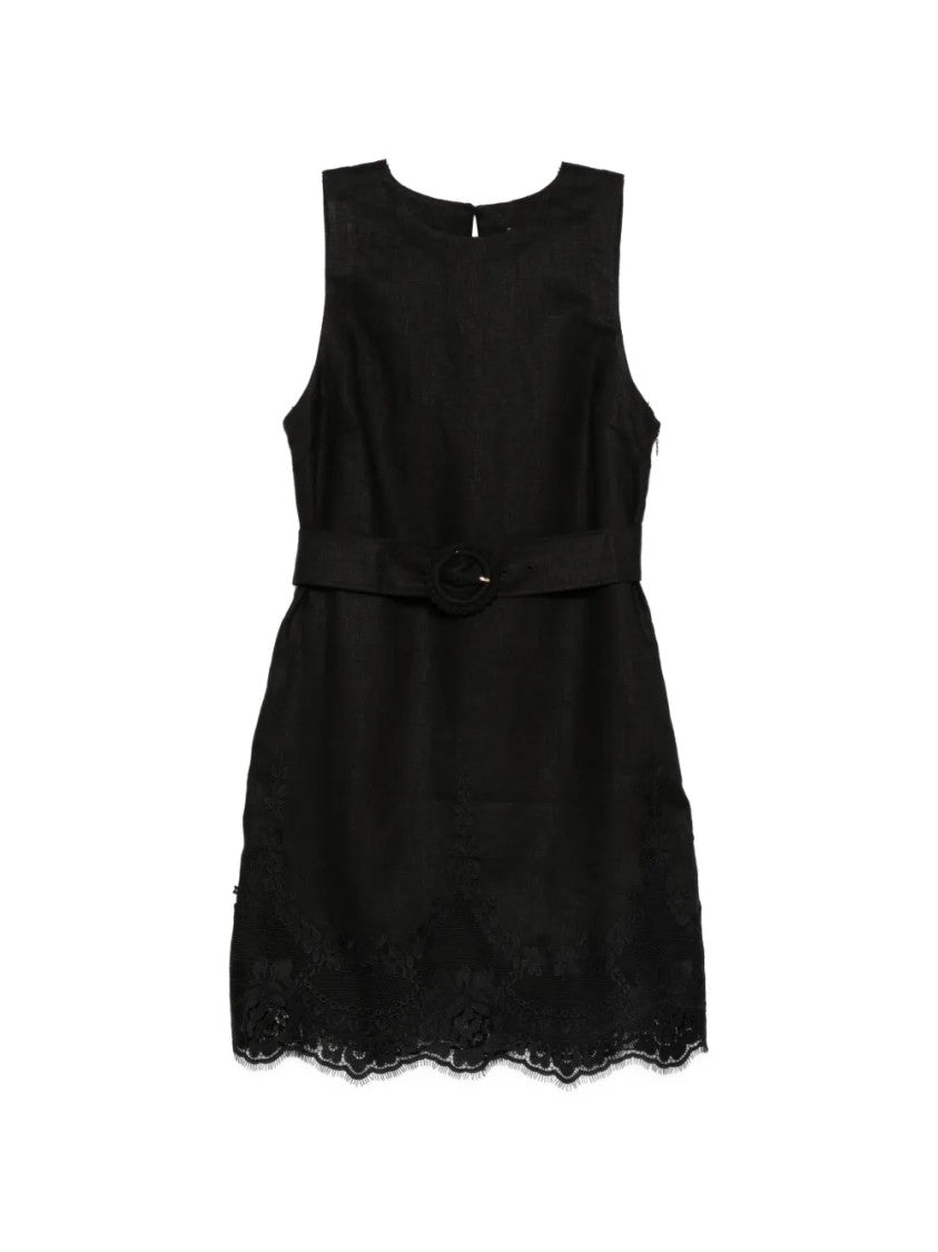 Twin-Set Linen Lace Hem Removable Belt Mini Dress