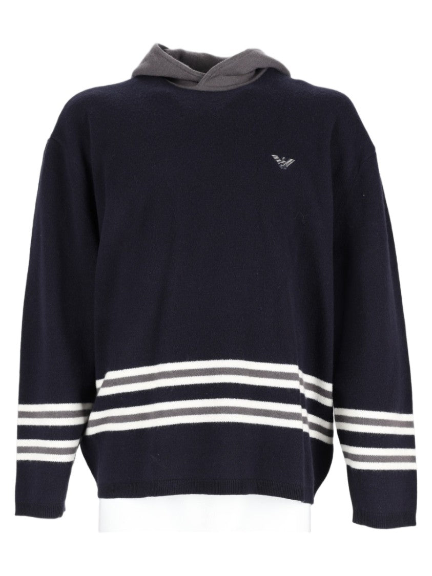 Emporio Armani Navy Blue Hooded Sweater With Striped Detailing
