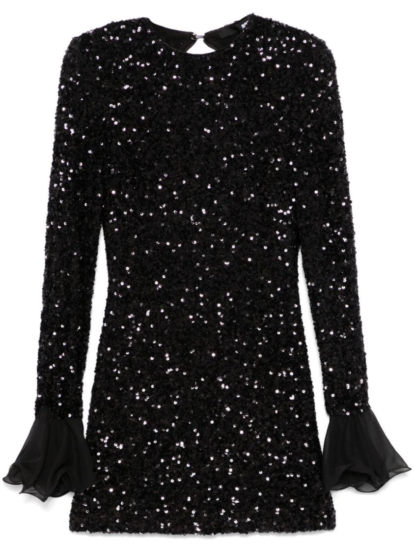 Rotate Open Back Black Sequin Dress With Ruffle Cuffs