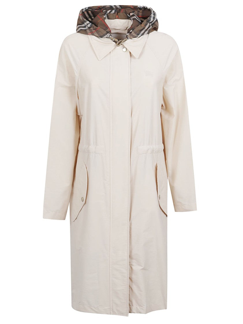 Burberry Light Neutral Stretch Nylon Parka With Detachable Burberry Check Hood