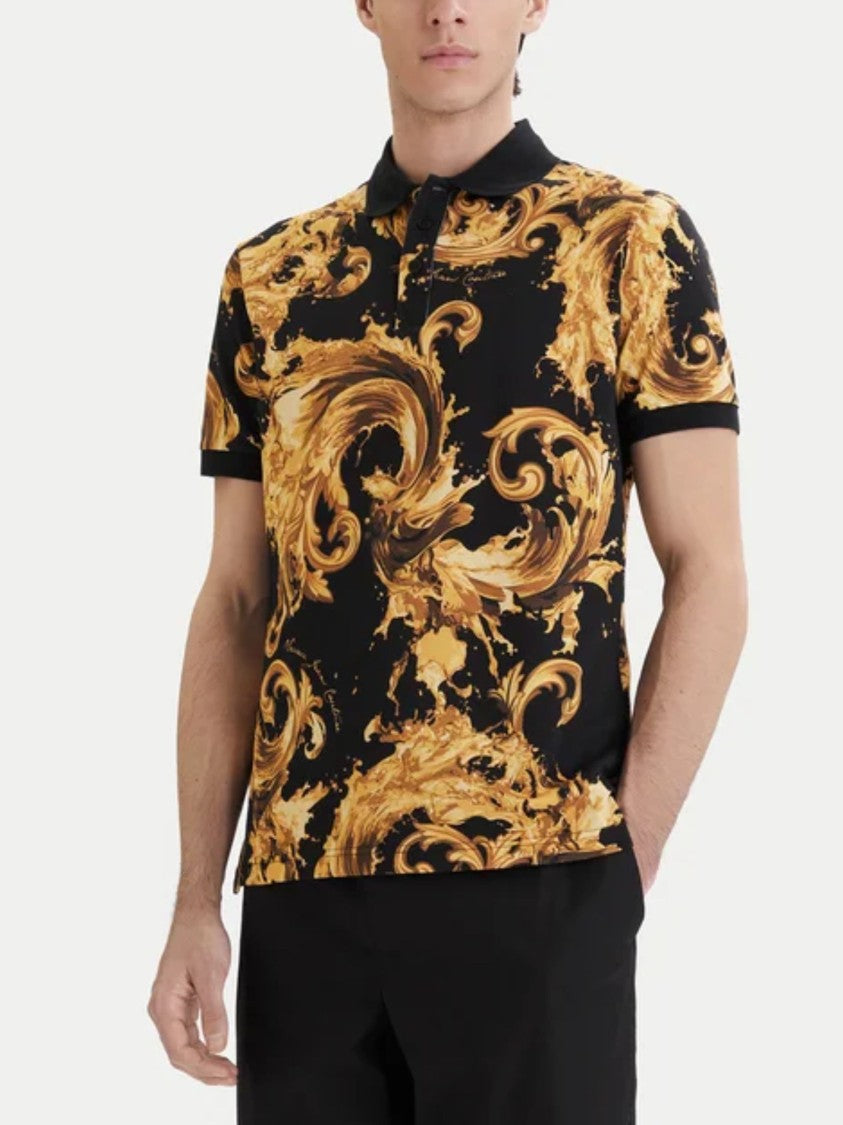 Versace Jeans Couture Black Cotton Gold Baroque Polo Shirt