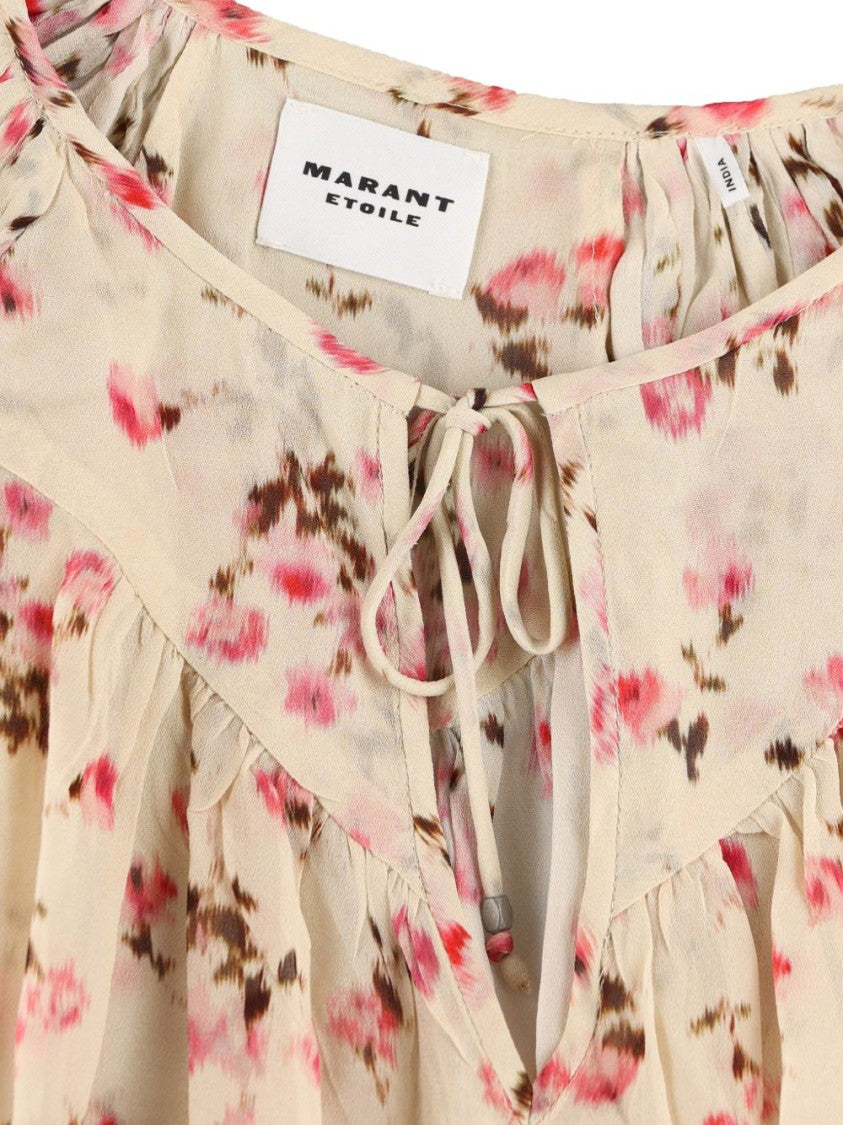 Isabel Marant Étoile Beige Floral Print Short-Sleeved Blouse With Tie Detail