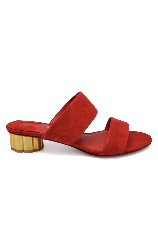 Salvatore Ferragamo Red Suede Mules With Golden Flower Heel