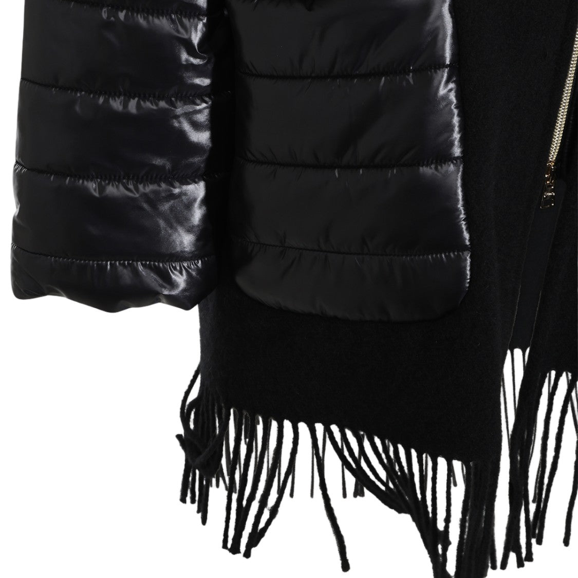 Herno Black Matte Glossy Quilted Sleeve Fringe Jacket