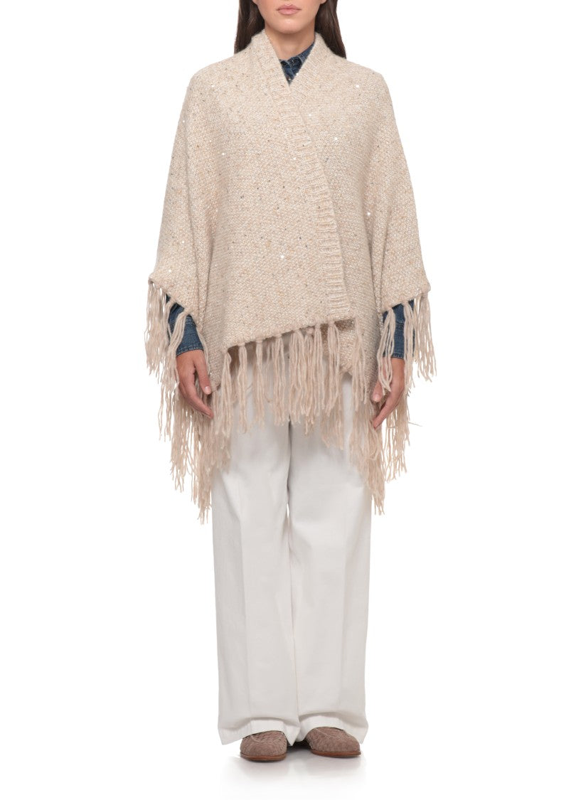 Peserico Beige Knitted Cape With Lurex Motif And Fringed Hem