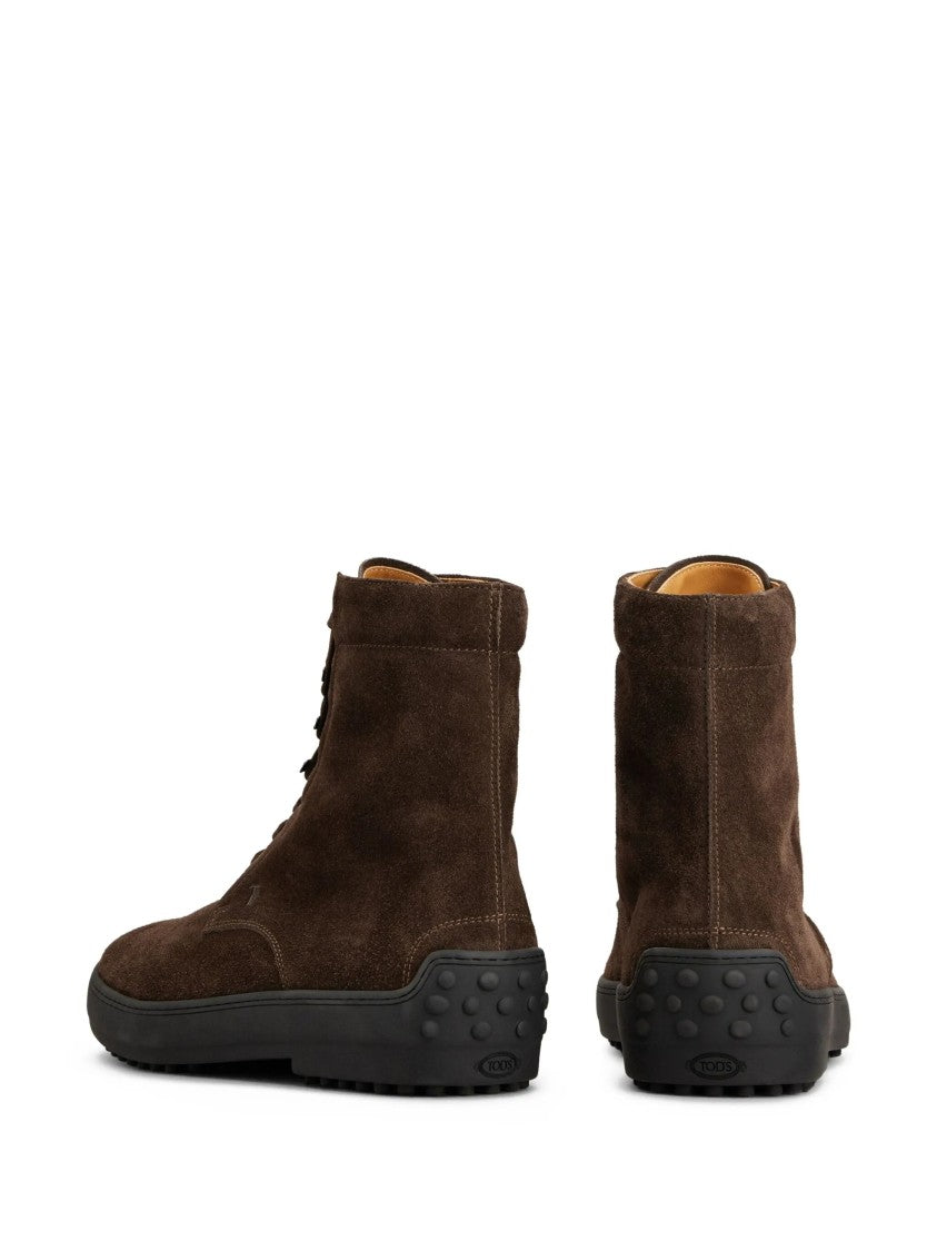 Tod's Ankle-High Brown Suede Lace-Up Boots With Rubber Sole