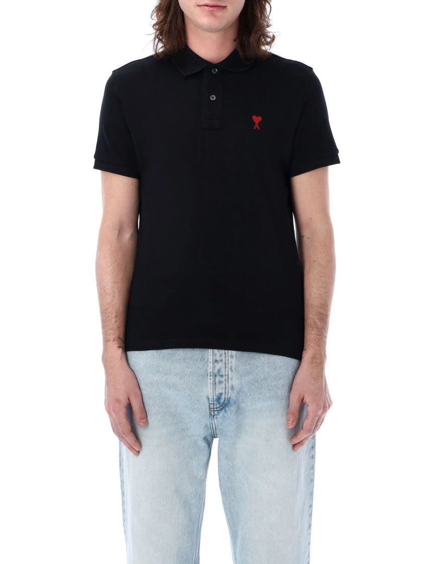 Ami Paris Classic Black Polo Shirt With Iconic Heart Logo