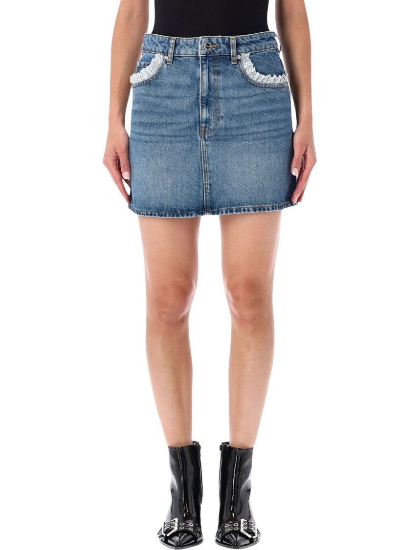 Ganni Denim Mini Skirt With Lace Trim And Casual Appeal