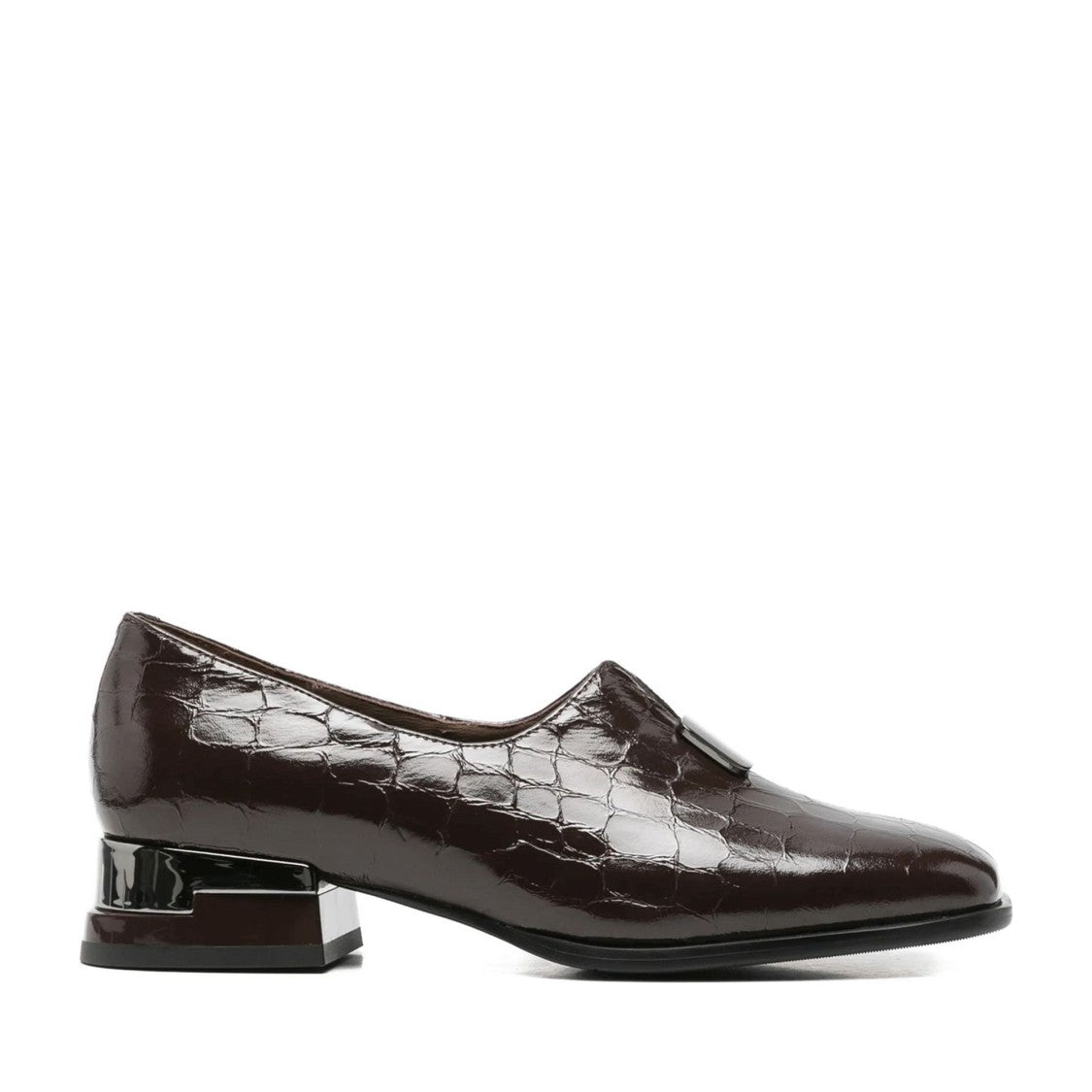 Linda Baumann Brown Crocodile Embossed Buckle Patent Leather Loafers